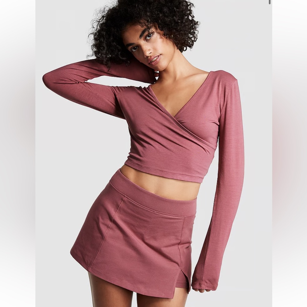 NWT PINK Cotton Long-Sleeve Wrap Crop Top Morning Rose - Small